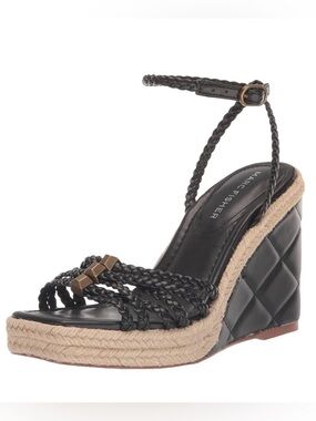 Marc Fisher Black Tan Hayla Wedge Heels Sandals 8 Leather